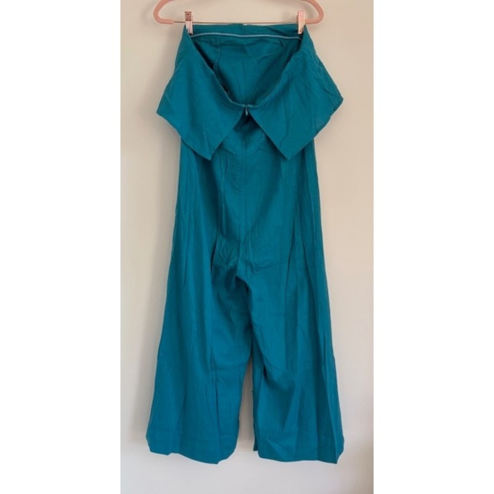 Davi & Dani Teal Blue Strapless Ruffle Wide Leg Cotton Linen Jumpsuit Medium - Picture 2 of 4
